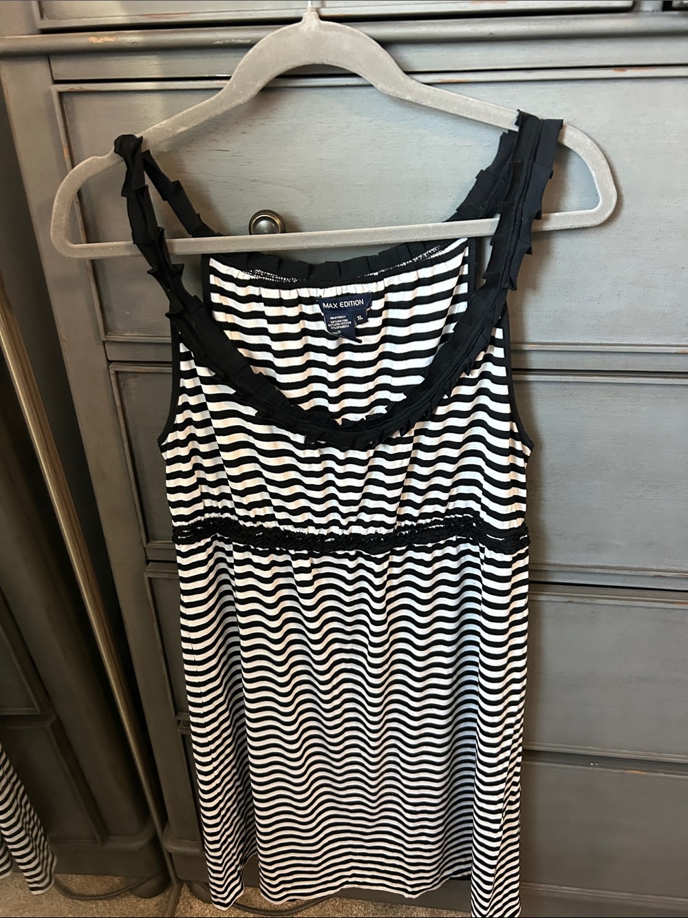 Max Edition Black & White Striped Ruffle-Trim Tank Dress
